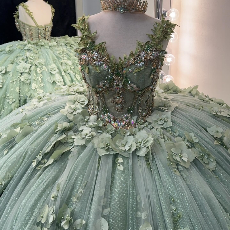 Mint Green Princess Quinceanera Dresses Off Shoulder 3D Floral Beads Tull Ball Gown Coset vestido 15 quinceaneras dorado Sweet 16