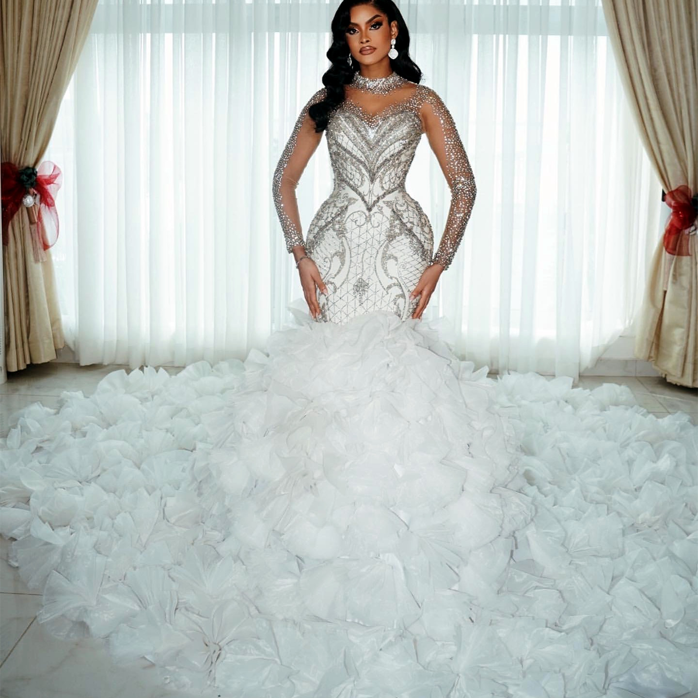2024 Arabic Aso Ebi Plus Size Ivory Mermaid Wedding Dresses Lacefull Full Sleeves Tiers Crystals Bridal Gowns Dress Vestidos De Novia ZJ408