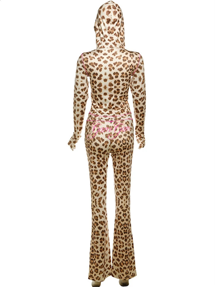 WLWXR Autumn Leopard Print 2 Piece Set Causal Street Outfits Women Y2K Fashion Long Sleeve Zip Hooded Crop Tops Pants Set 240809