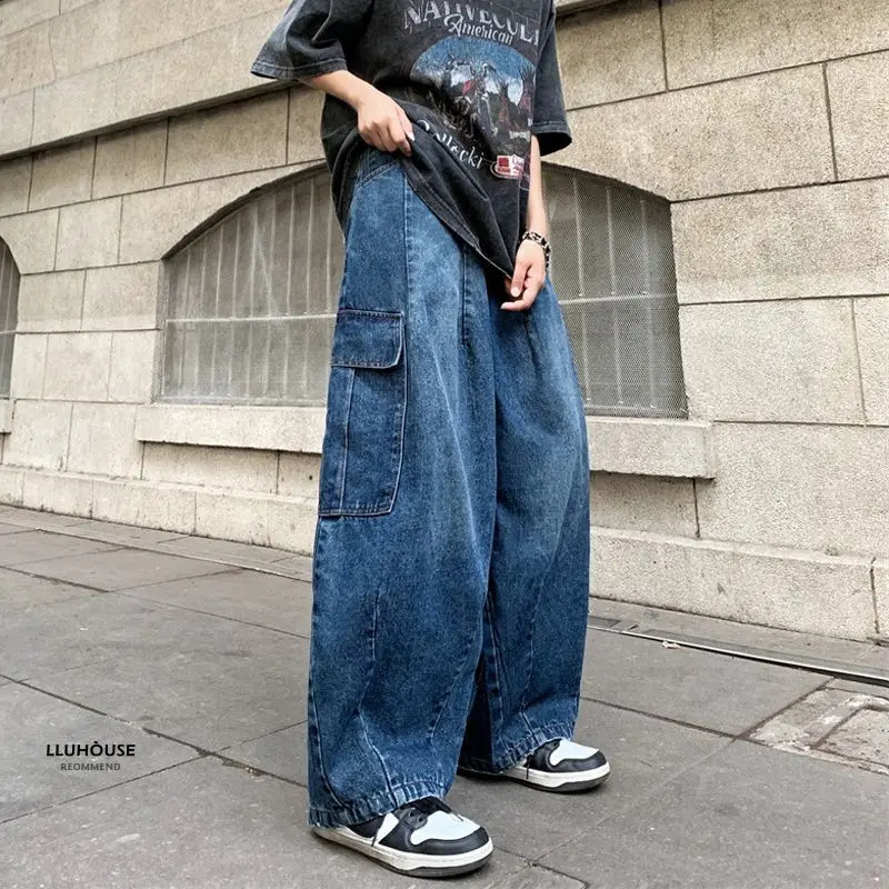 Y2k loose Japanese retro workwear jeans with trendy and personalized large pocket for men and women hip-hop casual pants 240809