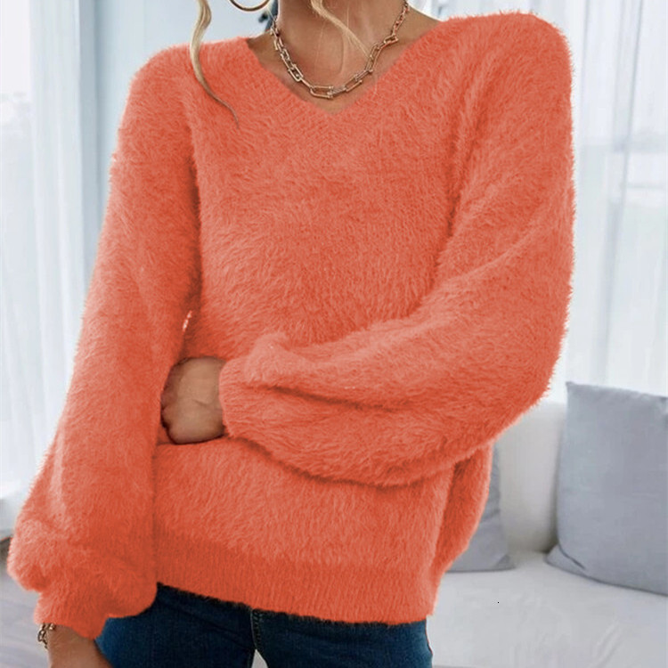 Autumn and winter slim fit pullover for women, elastic solid color, V-neck, slimming effect, imitation mink fur knit sweater 05e60 63d20