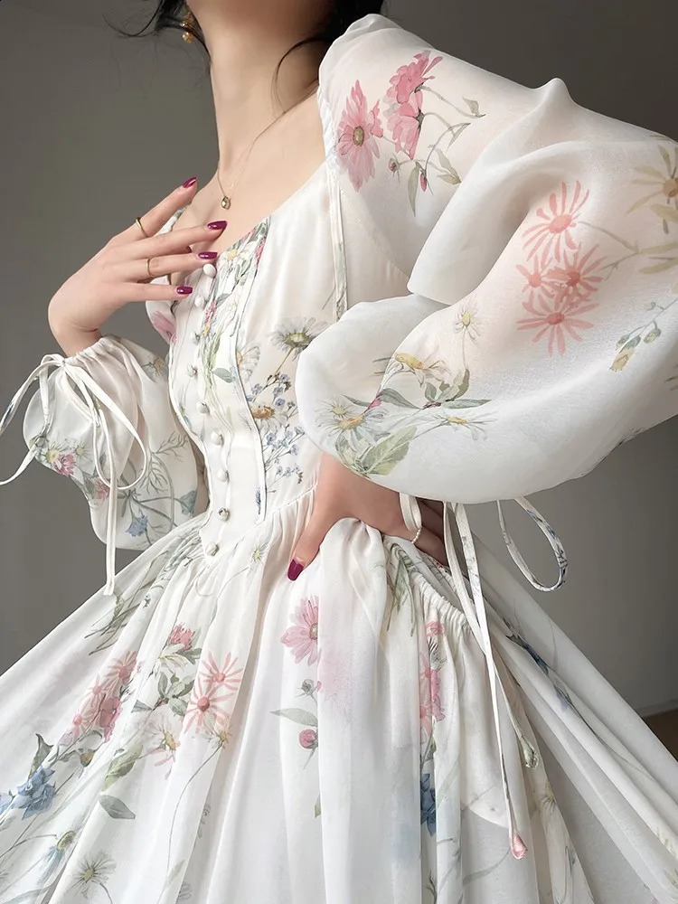 French Vinatge Evening Party Long Dresses for Women Floral A-line Princess Dress Lantern Sleeve Spring Summer Prom Robe Vestidos 240809