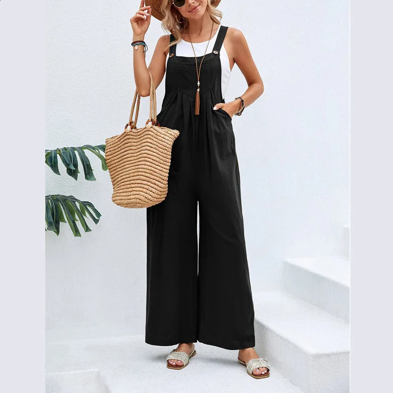 Summer Women Sleeveless Rompers Loose Jumpsuit Casual Backless Overalls Trousers Wide Leg Pants 240809