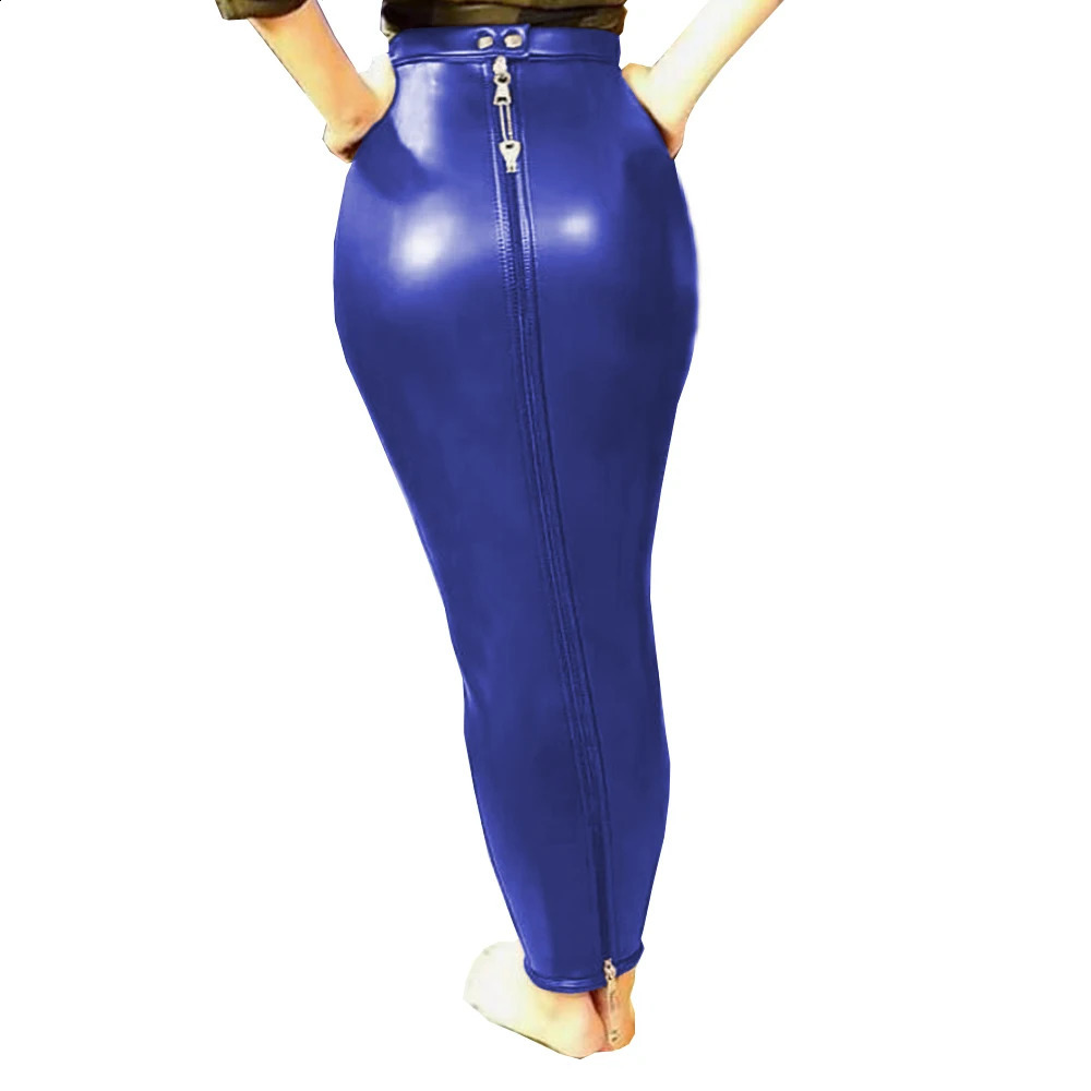 Sexy Female Women PU Leather High Waist Full Zip Lockable Bodycon Sissy Hobble Pencil Skirts Long Skirt Erotic Fetish Elegant 240809
