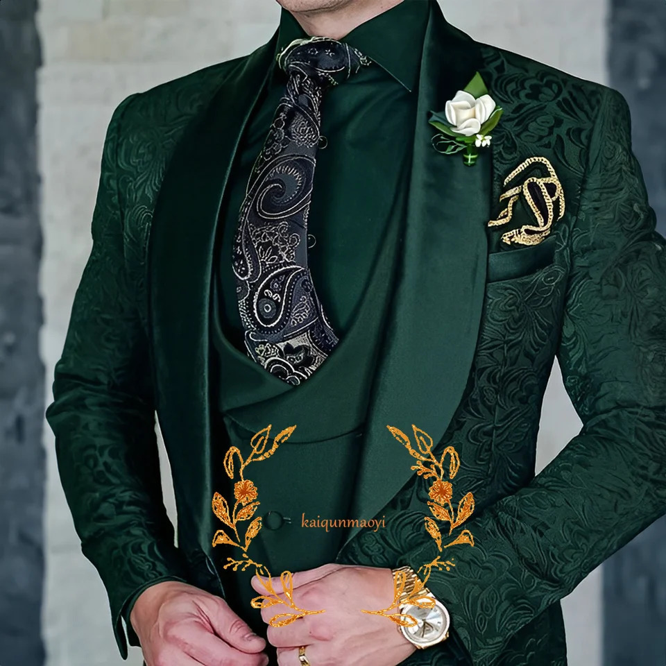 Jacquard Elegant Mens 3Piece Set Wedding Groom Evening Dress Jacket Pants Vest Formal Party XS5XL 240809