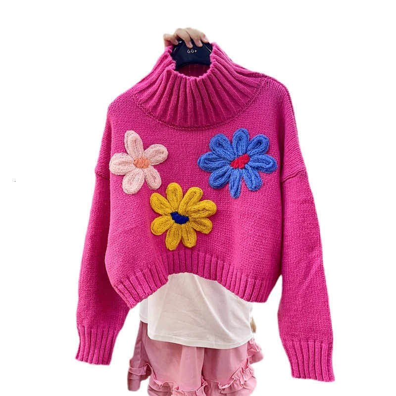 Fashion heavy industry splicing three-dimensional flower temperament high neck long sleeved sweater design sense loose short versatile top trendy dong
