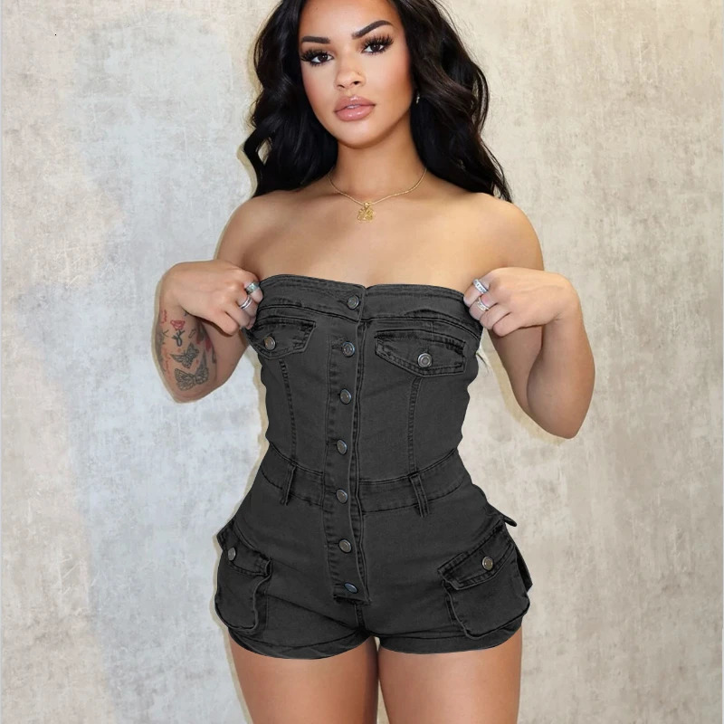 Sexy Tube Strapless Denim Romper Women Jumpsuit Singlebreasted Multi Pockets Party Club One Pieces Playsuit Combinaison Short 240808