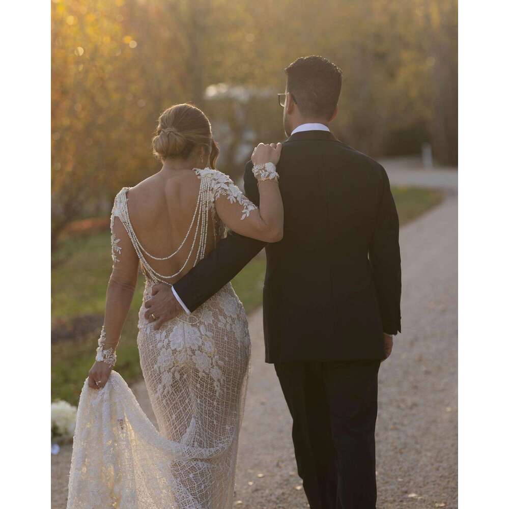 Wedding BABYON Dress Sparking Wers Lace V Neck Appliques Sexy Illusion Long Sleeve Back Hang Pearls Chains Mermaid Gown