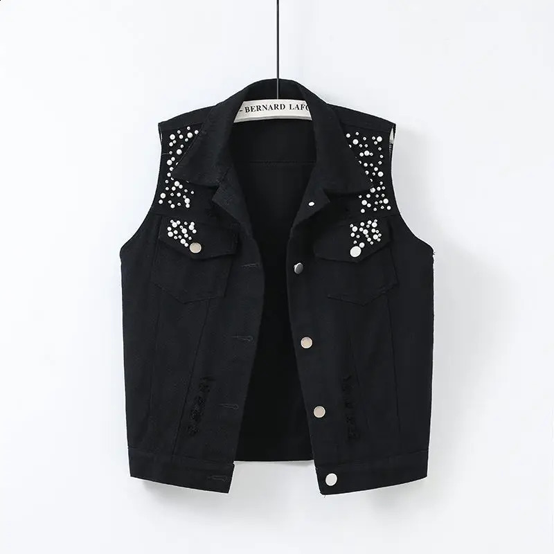 Colorful Denim Jacket Waistcoat Womens Spring Summer Slim Hole Beaded Sleeveless Coat Female Short Casual Vest Outwear Tops 240813