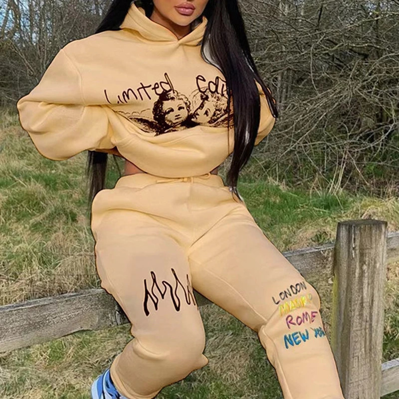 Hoodies Set Woman Pants 2 Pieces Joggers Tracksuit Long Sleeve Sweatshirt Sweatpant Printed Loose Suit Fall Outfits Sportswear 240808