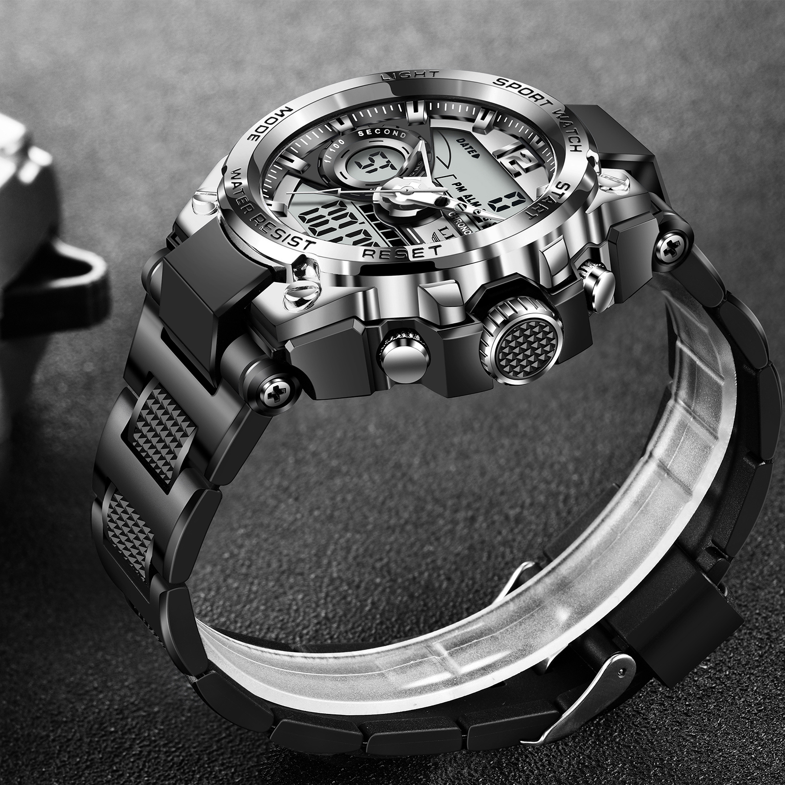 LIGE fashion new men's dual display electronic watch multifunctional waterproof night light sports timing code watch