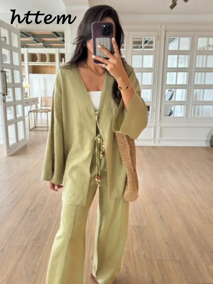 2 pieces of casual beaded pants set suitable for womens loose Vneck lace long sleeved shirt wide leg 2024 autumn fashion 240808