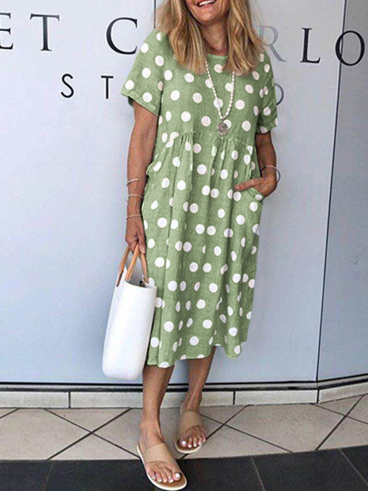 Casual Dresses 2024 Women Summer Dress Loose Short Sleeve Pockets Polka Dot Printed Clothing