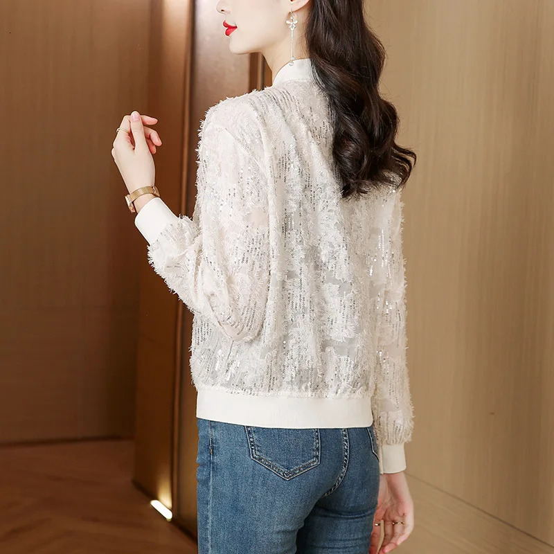 Wxw5368 black beige short baseball jacket for women thin sequin jacket for women slim fit zipper Korean style jacket for summer 240826