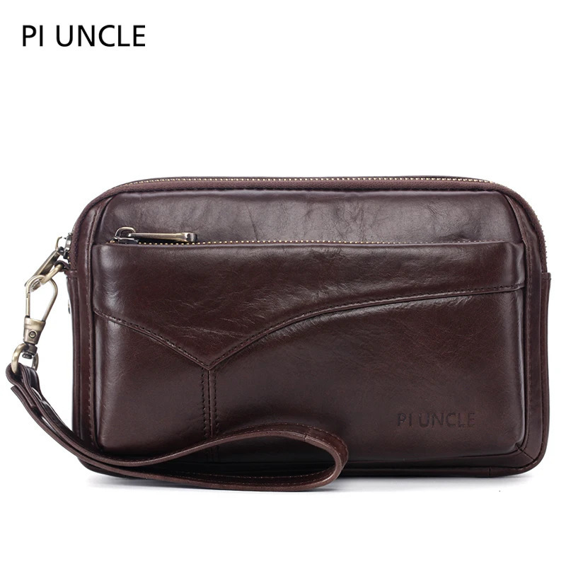 Mens leather handbag large capacity currency wallet mobile phone pocket womens soft double zipper mens clutch bag 240808