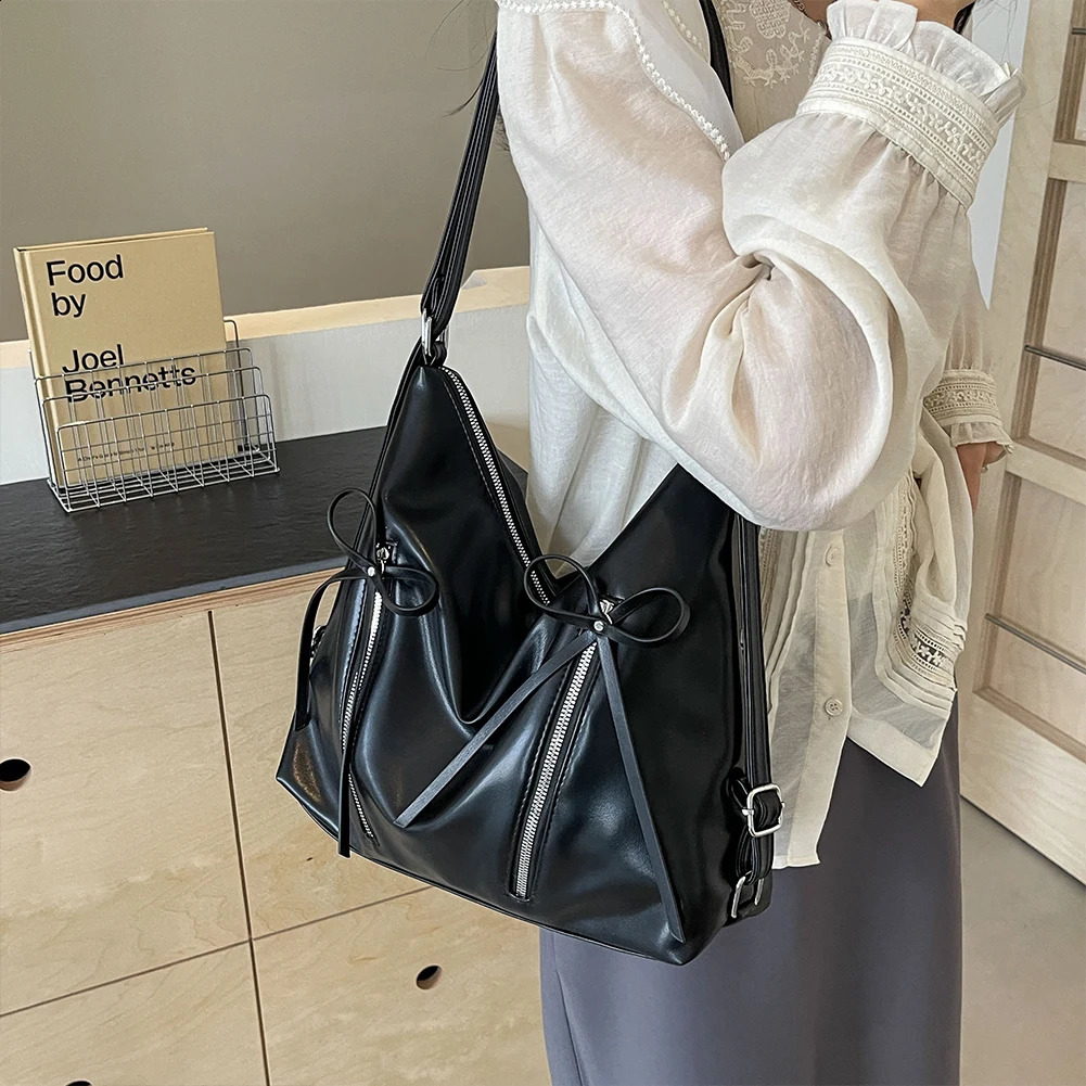 Cute Bow Underarm Bag PU Leather Trendy Crossbody Bag Solid Color Casual Daypack with Zipper Satchel Purse for Women 240809
