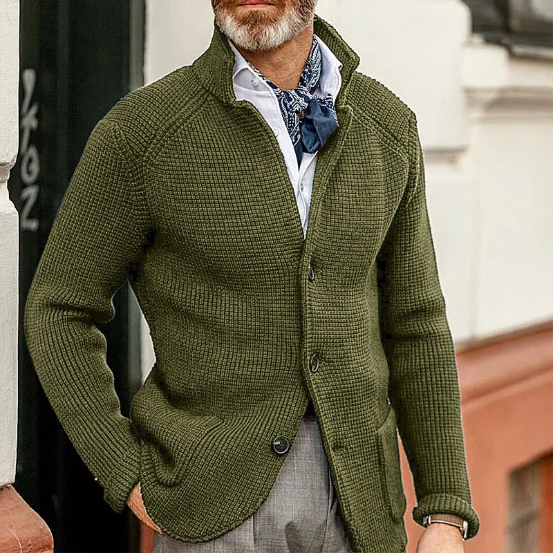 Mens sweater jacket ultra-thin set stand collar knitted sweater autumn and winter item solid color casual cardigan pocket mens style 240828