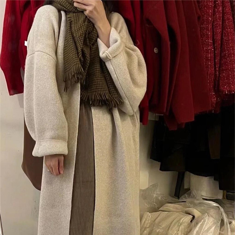 Knitted Cardigan Womens Autumn and Winter New Item Solid Color Lazy Style Loose Thick Sweater Womens Mid to Long Over the Knee Jacket Womens Clothing