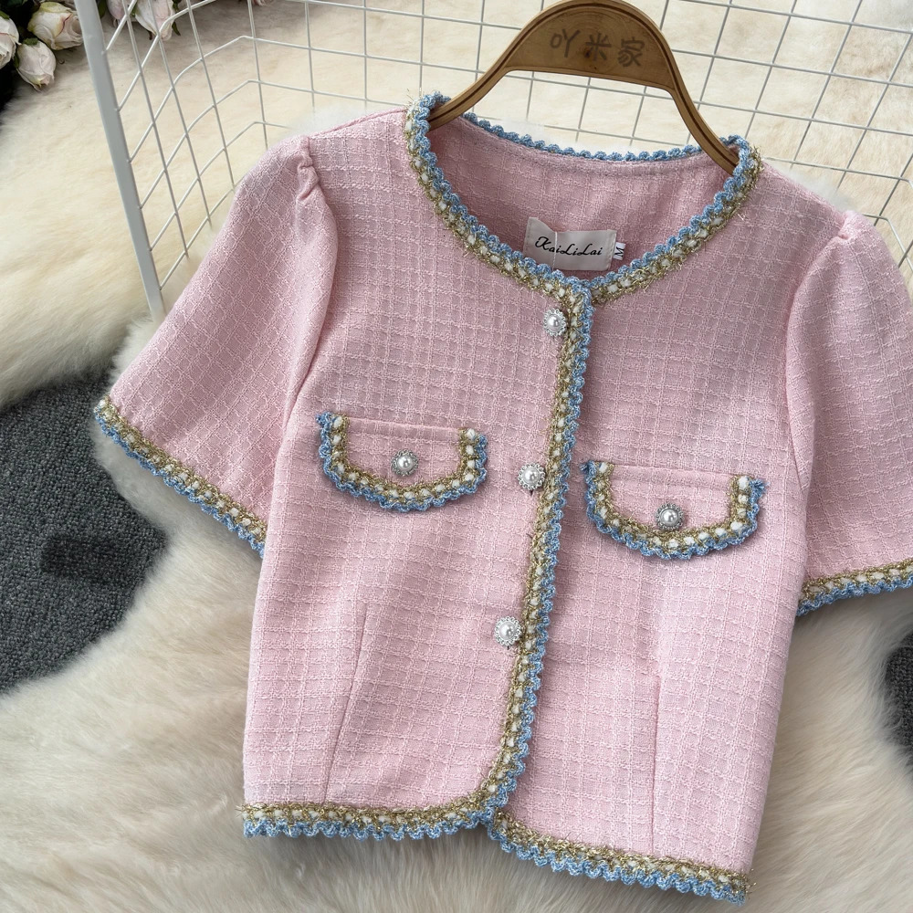 Chics Summer Unique Short Sleeve Coat Top Tweed Short Jacket For Women Summer Women Sleeveless Tweed Vest 240812