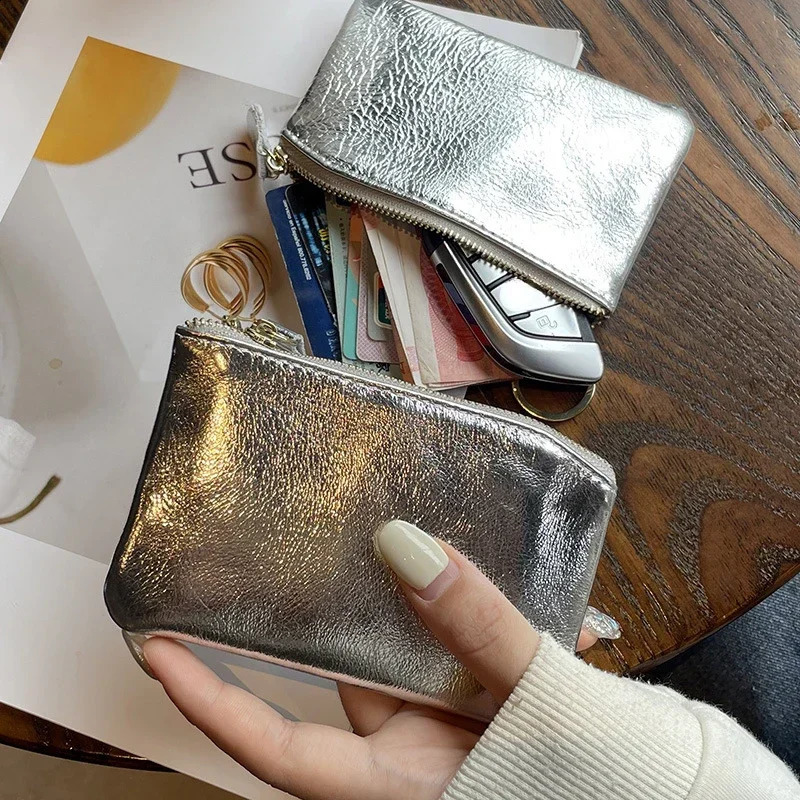 Mini Coin Purse Portable Key Card Holder Coin Bag Pouch with Keychain Silver Genuine Leather Zipper Cute Wallet for Women 240809