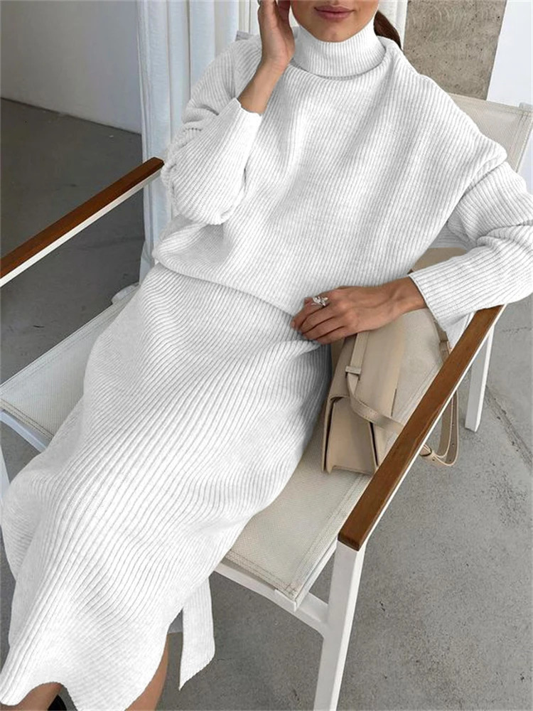 TARUXY Ribbed Knit 2 Piece Dress Set Outfits Ladies Knitwear Top And Midi Skirt Sets For Women Casual Winter Sweater Sets 240809