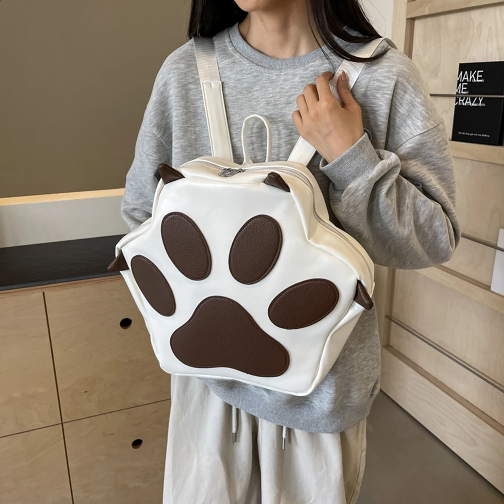 Cute Cat Paw Aesthetic PU Leather Cartoon Backpack Adjustable Straps School Bag with Zipper for Teen Girls 240809
