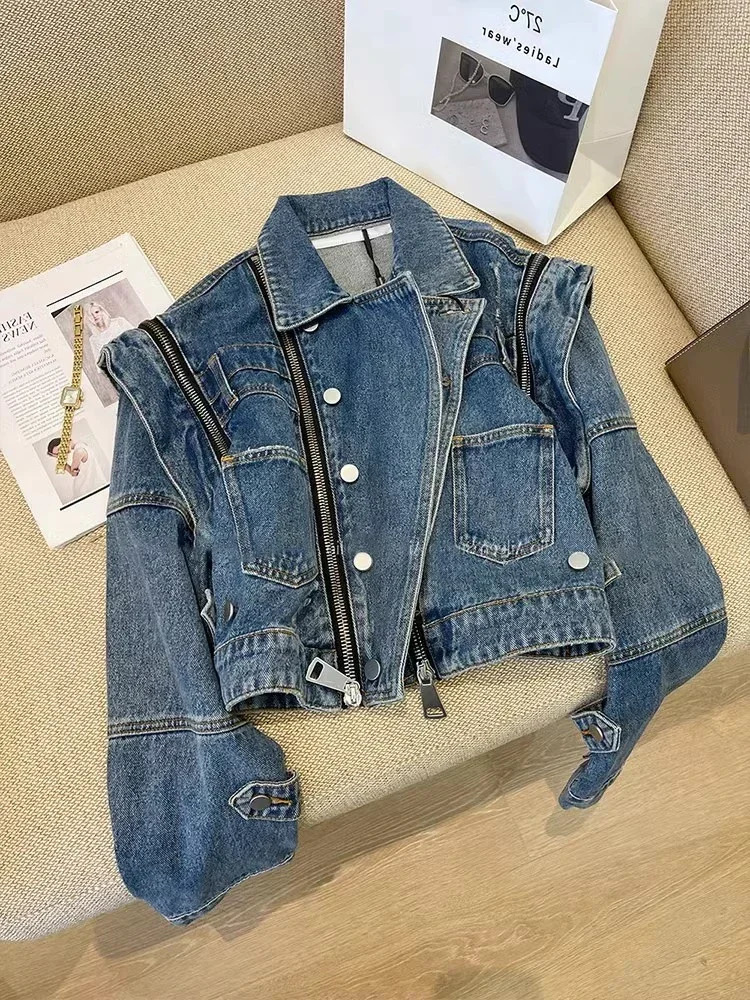 Motorcycle Crop Denim Jacket Women Autumn Shoulder Pad Multi Zipper Short Ripped Jeans Jackets Outwear Vintage Streetwear 240809