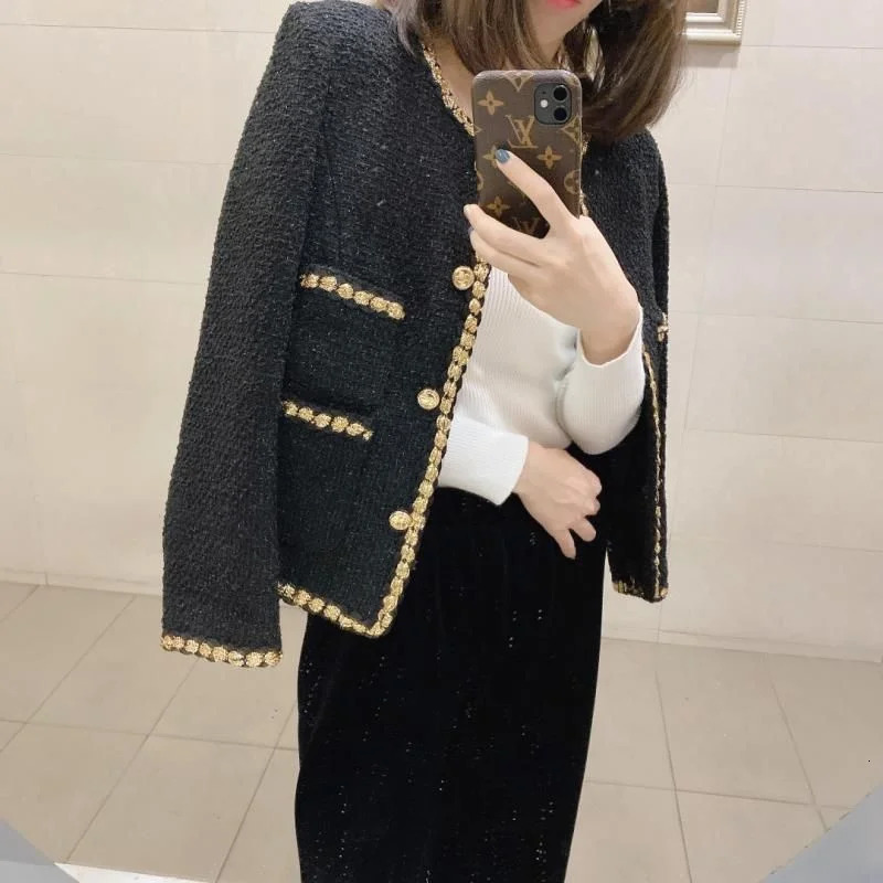 Black Short Small Fragrance Jacket Women Spring Autumn Coat Tweed Gold Thread Woven Overwear Casual Suit Jackets Female 240809