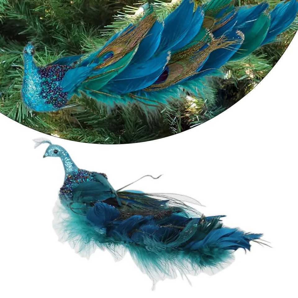 Simulated Blue Pea Natural Feather Glittery 27*8*9cm Metal Clip For Christmas Tree Decorations Home Party Kids Decor Gifts Y240808