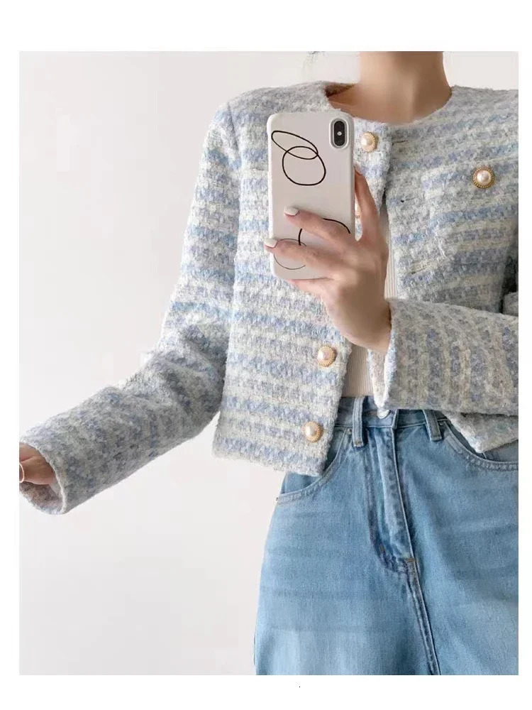 ITOOLIN Autumn Winter Women Elegant Tweed Cardigan Short Coat With Pocket Single Breasted Jacket For Women Loose Outwear 240812