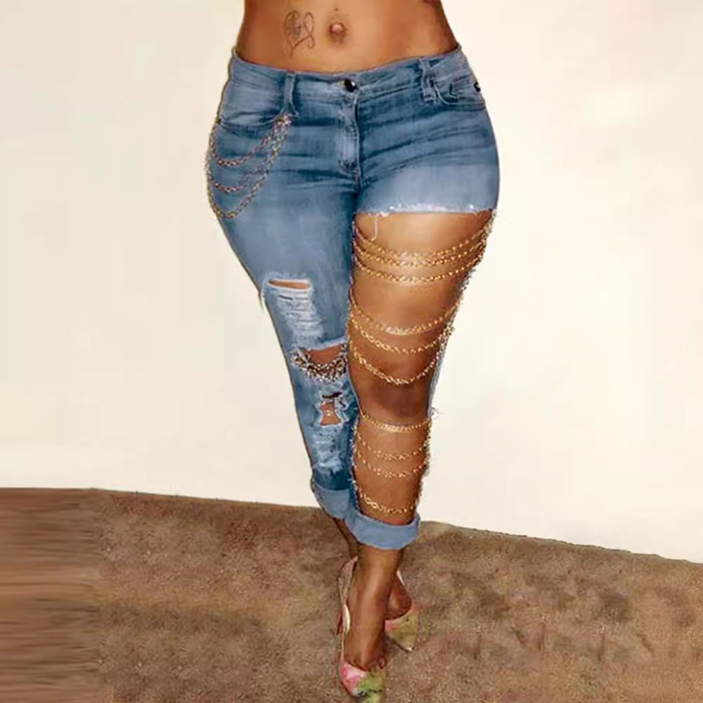 Big Hole Slim Fit Jeans Womens Chain Hanging Decorative Leggings