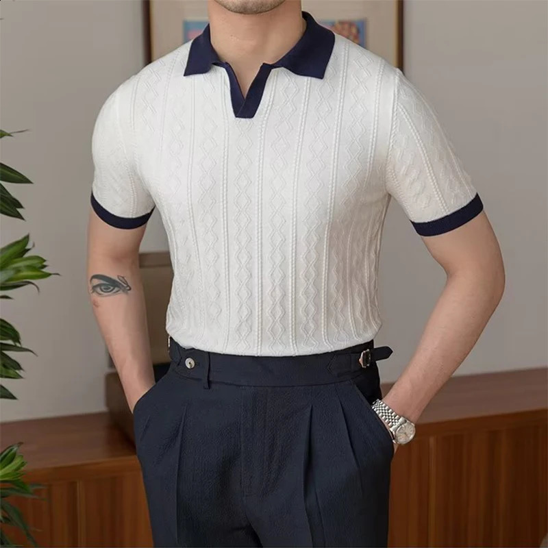 Summer Fashion Men Short Sleeve Slim Polo Shirt Vintage Patchwork Knitted Polos Men Clothing Male Casual V-Neck Lapel Pullover 240809