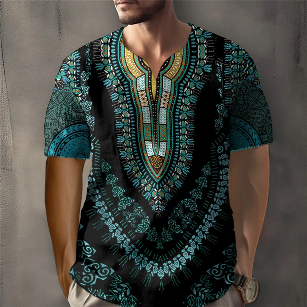 African traditional retro mens T-shirt retro ethnic style printed T-shirt loose short sleeved T-shirt oversized mens clothing top240808
