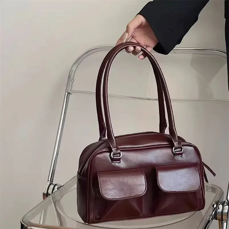 Vintage Women Business Shoulder Bags Simple Ladies Commute Tote Bag Pu Leather Female Underarm Bag Burgundy Large Handbags Purse y240909