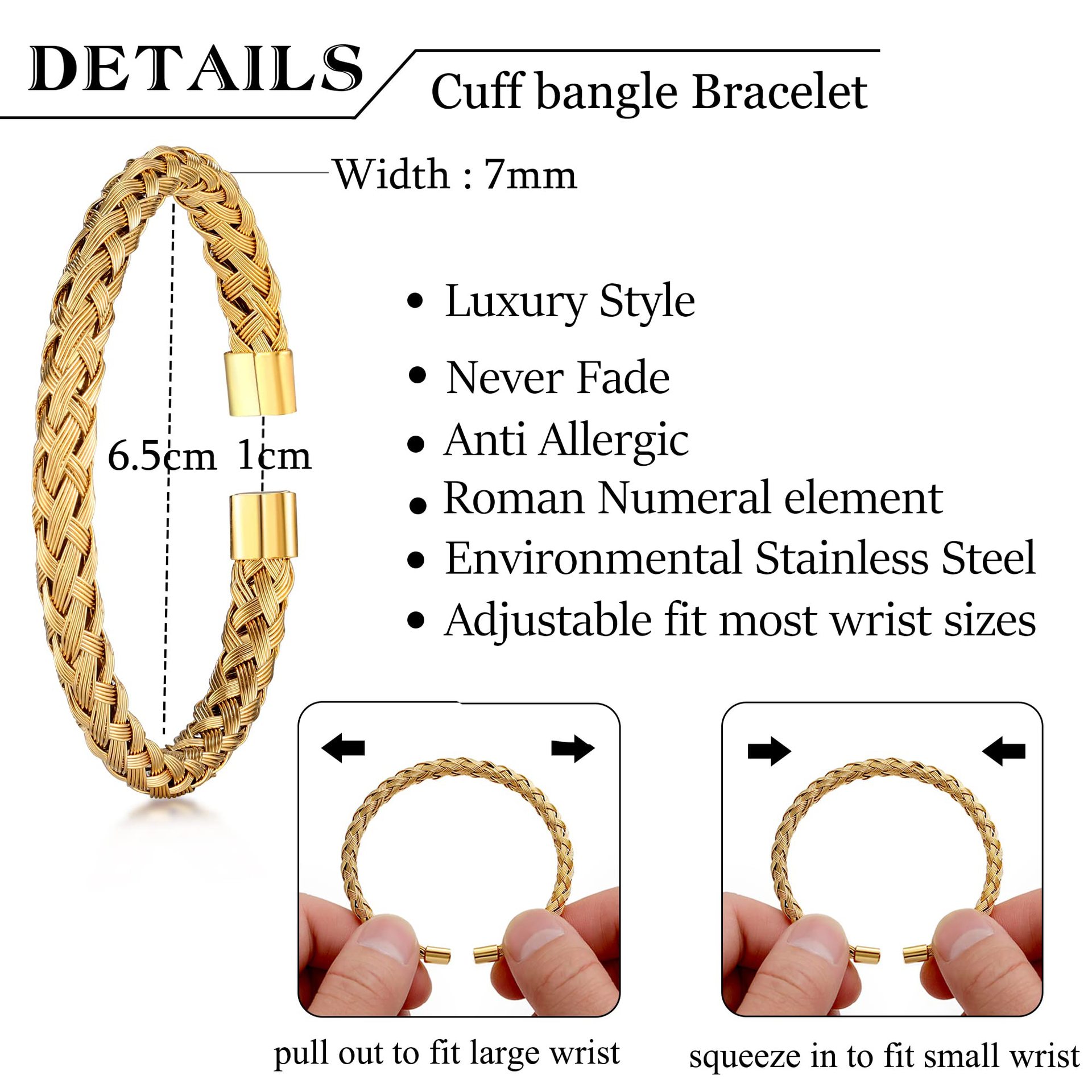 3-piece combination stainless steel woven for men, Roman numeral bracelet, twisted rope adjustable cuff bracelet