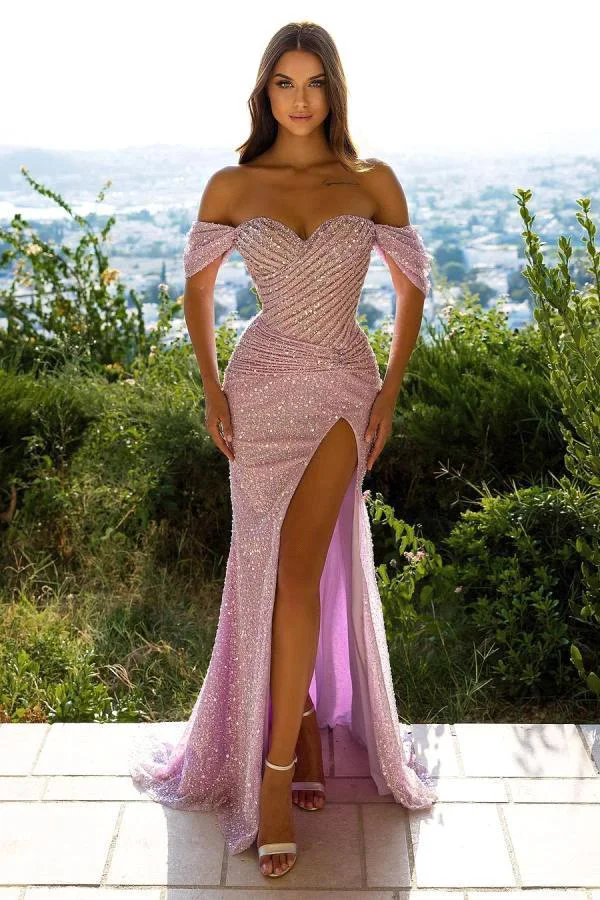 Luxurious Bling Pink Prom Dresses Sweetheart Beadings Sequins Evening Dress Off The Shoulder Side Slit Made To Order Vestido De Fiesta