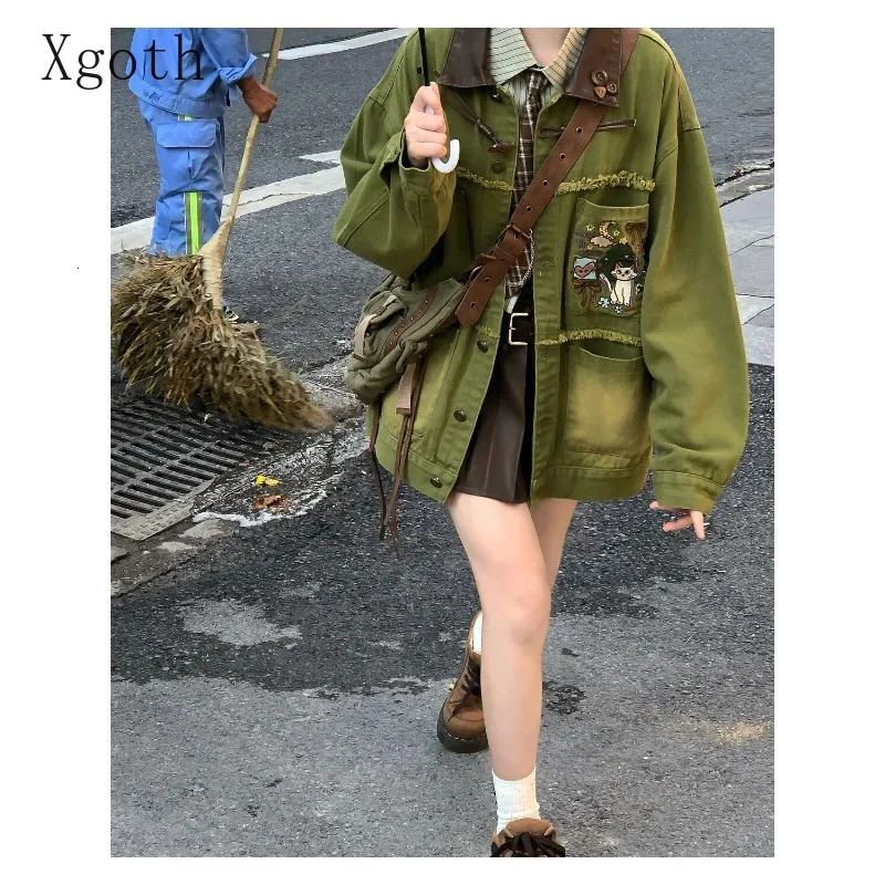 Xgoth Chic Denim Jacket American Retro Old Loose Streetweat Contrast Lapels Jackets Long Sleeve Hip Hop Coats Punk Clothes Tops 240808