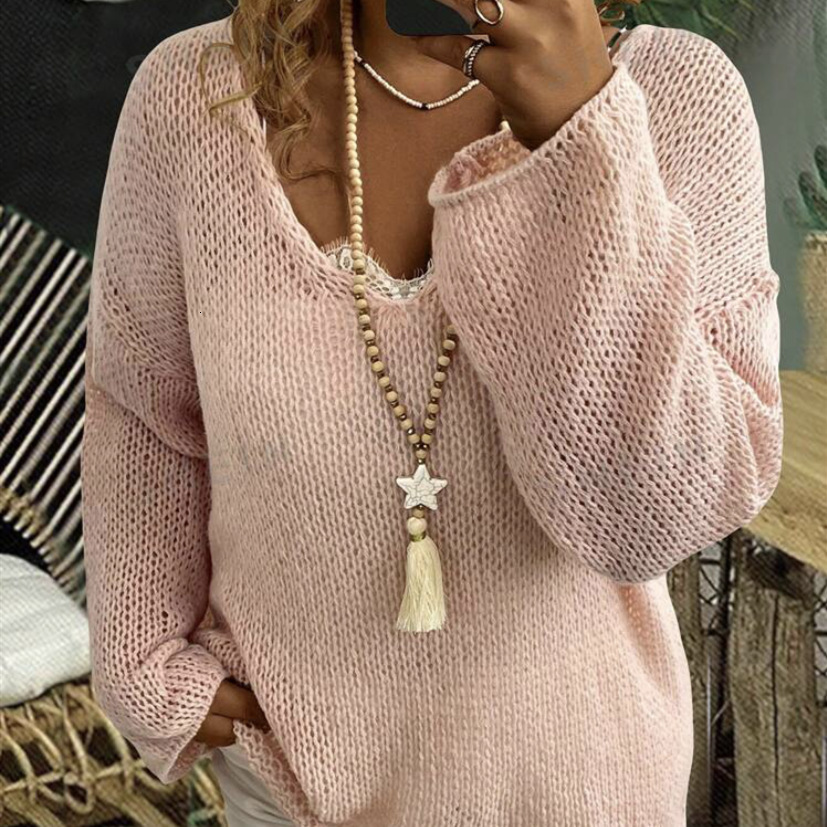 New V-neck Long sleeved Knitted Top Women's Sweater dongdumaoyi