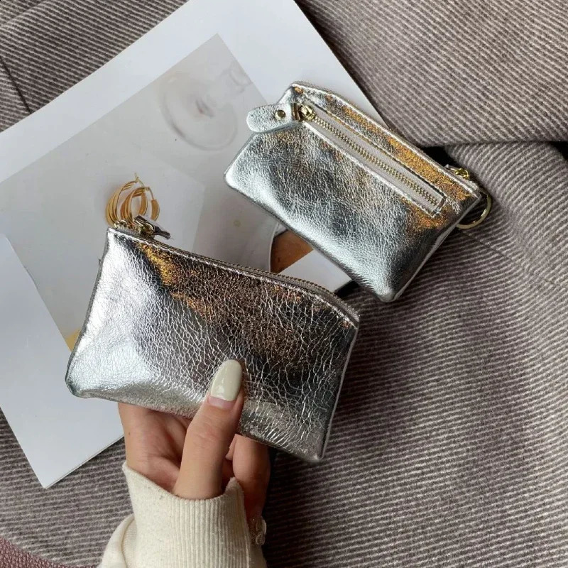 Mini Coin Purse Portable Key Card Holder Coin Bag Pouch with Keychain Silver Genuine Leather Zipper Cute Wallet for Women 240809