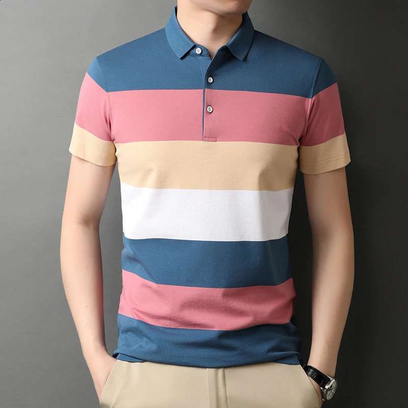 Mens Polo T Shirt Business Casual Simple Stripes Print Summer Short-Sleeve Polo Shirt Fashion Street Wear Oversized Clothes i240816