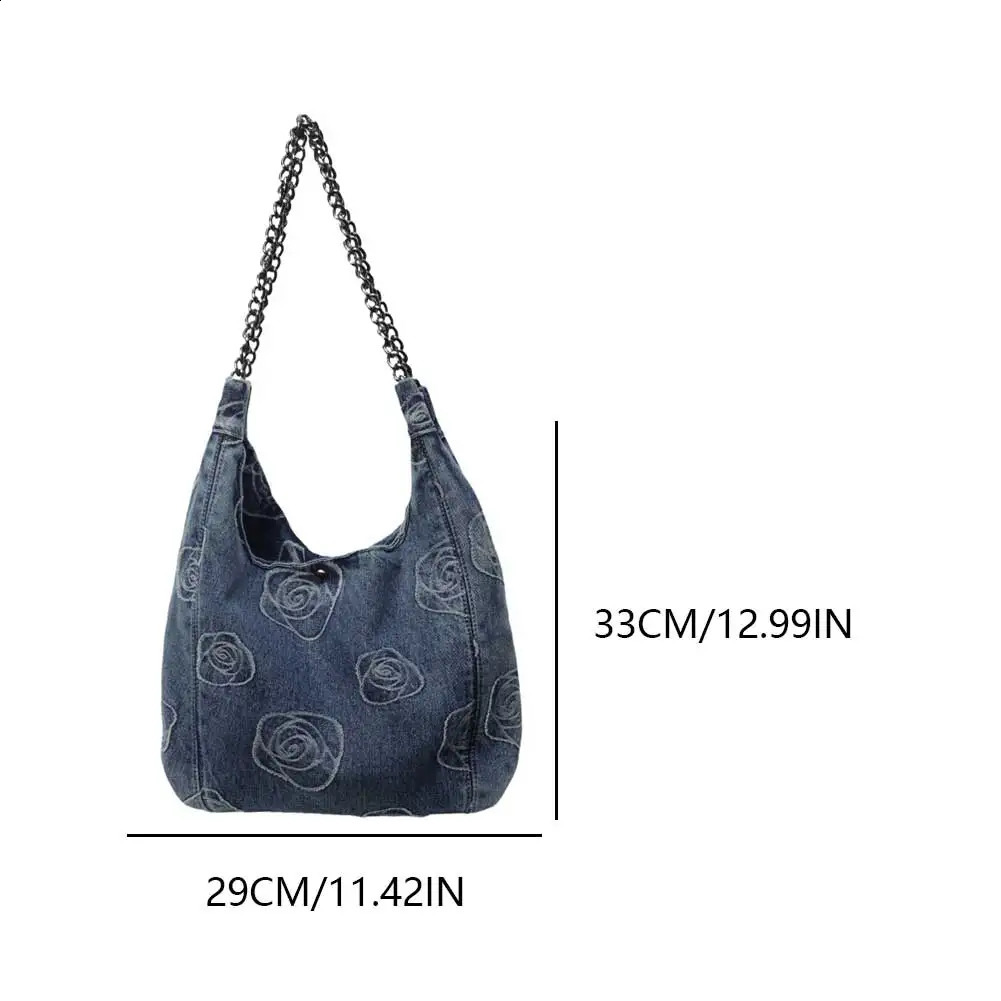 Women Denim Stylish Shoulder Purse Hasp Closure Fashion Shoulder Bag Chain Strap Retro Hobo Bag Rose Pattern Outdoor Travel Bag 240809