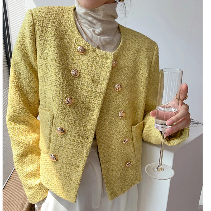HELIAR Women Tweed Office Elegant Coat Pockets Double-breasted Cardigan Jackets Solid Streetwear Long Sleeve Coat Autumn Winter 240812