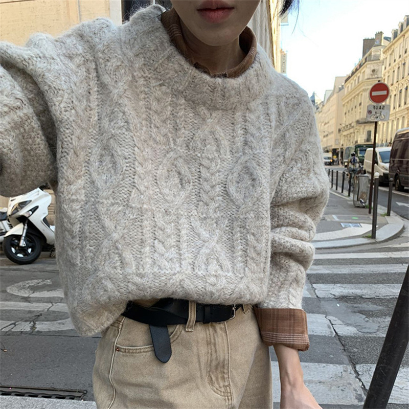 Orange Round Neck Pullover Short Sweater Womens Fried Dough Twists Winter Wear Loose Lazy Style Knitwear Women