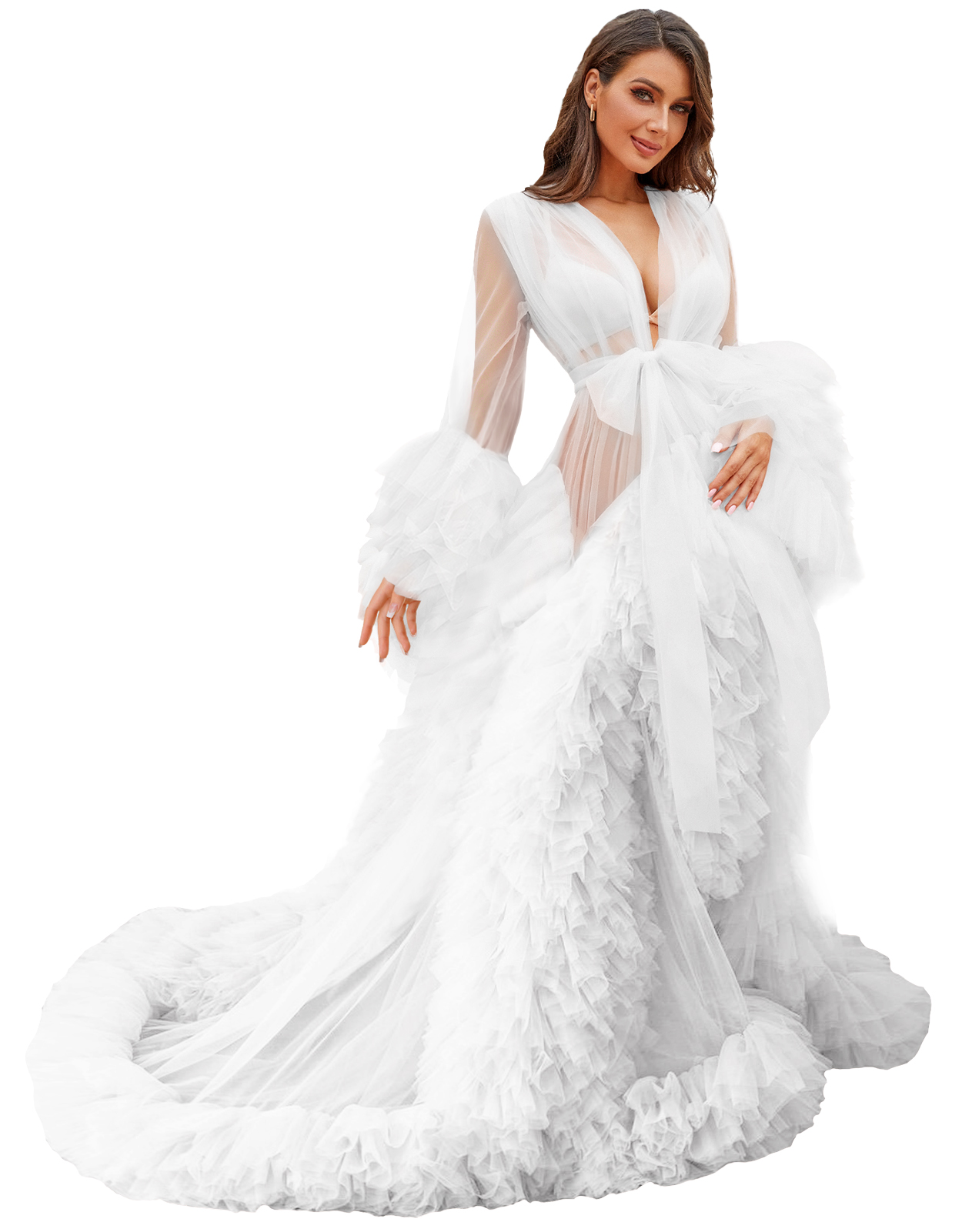 Sexy Women Bridal Robe Illusion Tulle Long Wedding Dressing Gown Maternity Bathrobe Sleepwear Pregnancy Photo Shoot Dresses