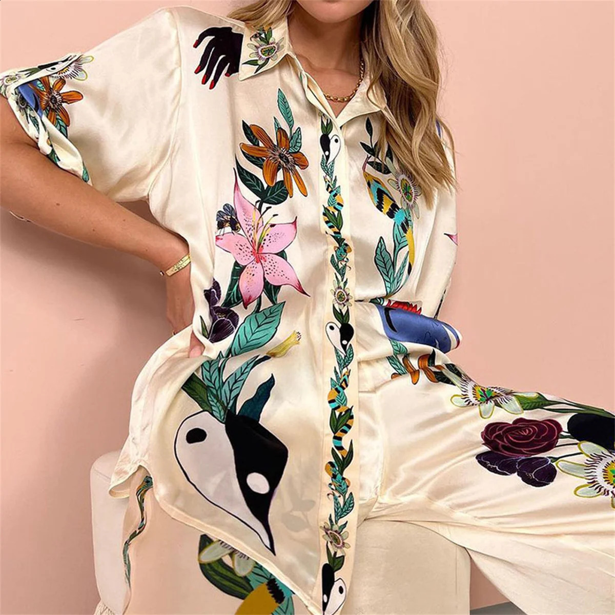 Causal Satin Printed Pants 2 Piece Sets For Women Fashion Lapel Single Breasted Long Sleeved Shirts Suits Lady Vacation Outifts 240809