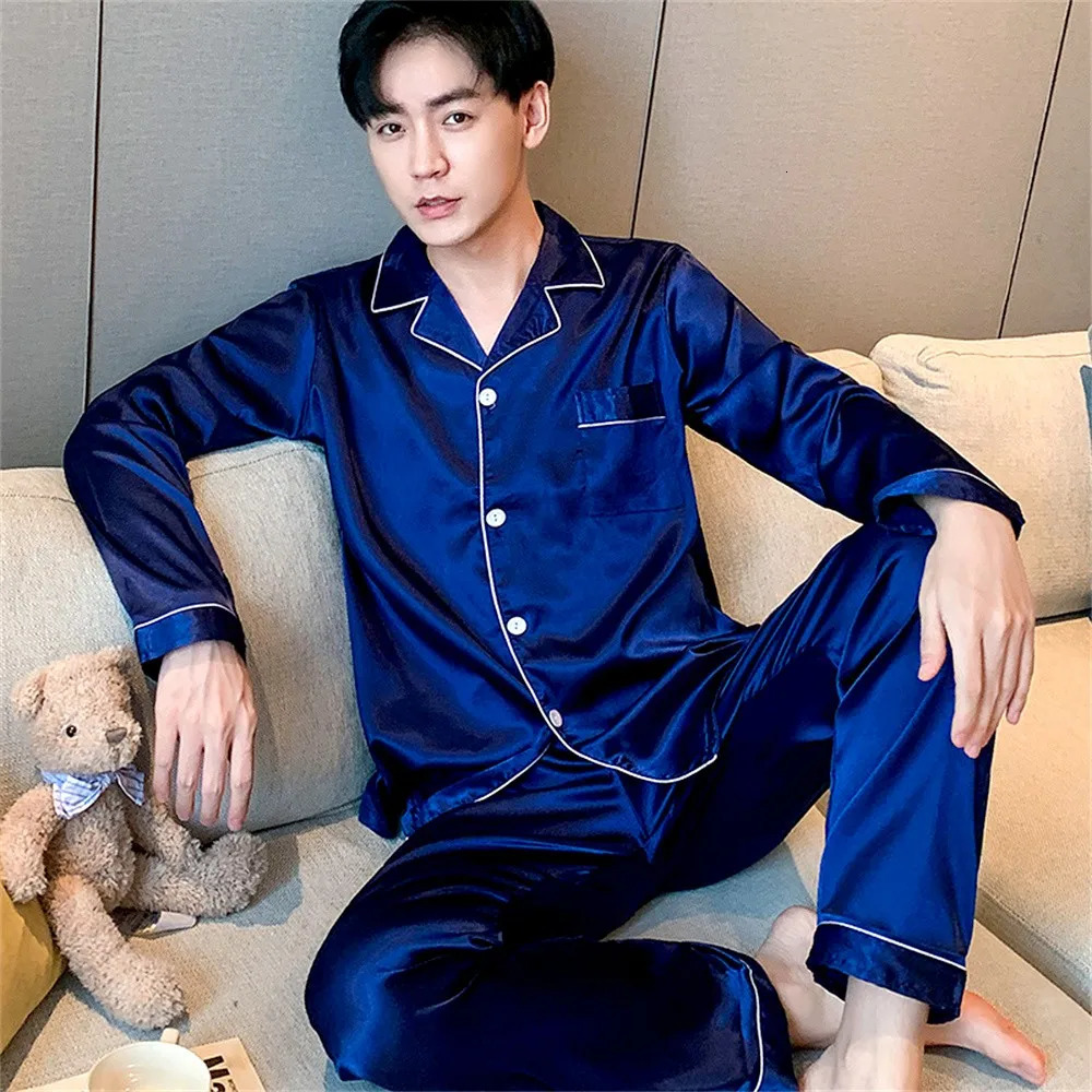 Men Pajamas Set Silk SatinSleepwear For Man Shirt Long SleevePijama Male Fashion Soft LoungewearBig Size Winter Nightwear 240808