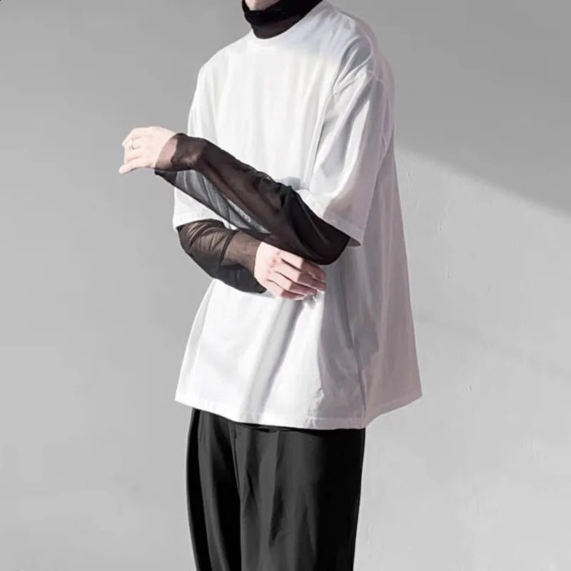 Man Summer Fashion Long Sleeve Net Yarn Tops Turtleneck All-match Solid Color Sunscreen Clothing T-shirt 240809