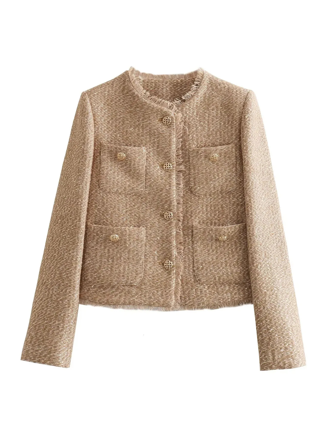 TRAF Womens Jacket Coat Tweed Cropped Jacket in Outerwears Autumn Winter Crop jacket Woman Long Sleeve Elegant Short Coats 240809 - view 3