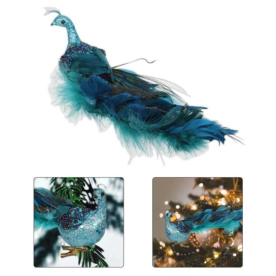 Simulated Blue Pea Natural Feather Glittery 27*8*9cm Metal Clip For Christmas Tree Decorations Home Party Kids Decor Gifts Y240808