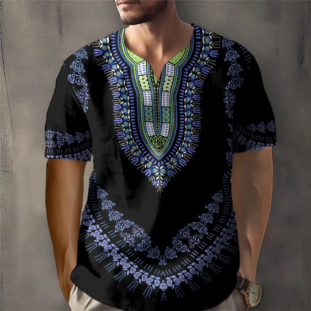 African traditional retro mens T-shirt retro ethnic style printed T-shirt loose short sleeved T-shirt oversized mens clothing top240808